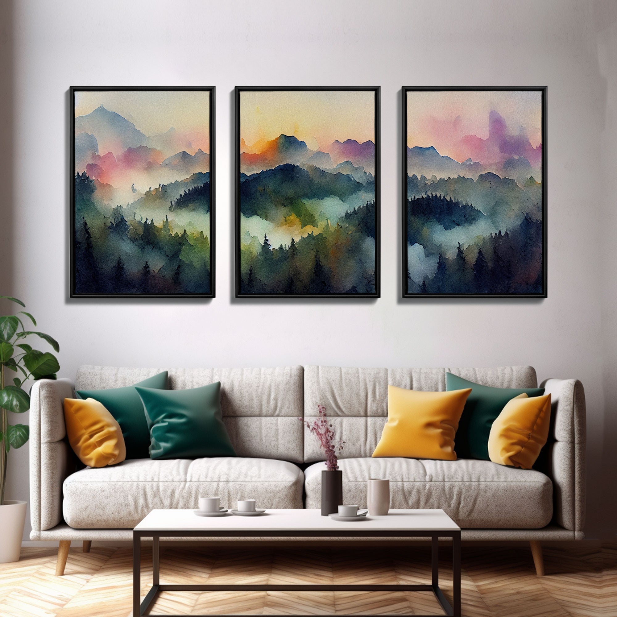 Dramatic Watercolor Sunset Landscape – 3-Piece Canvas Wall Art | NuevArt