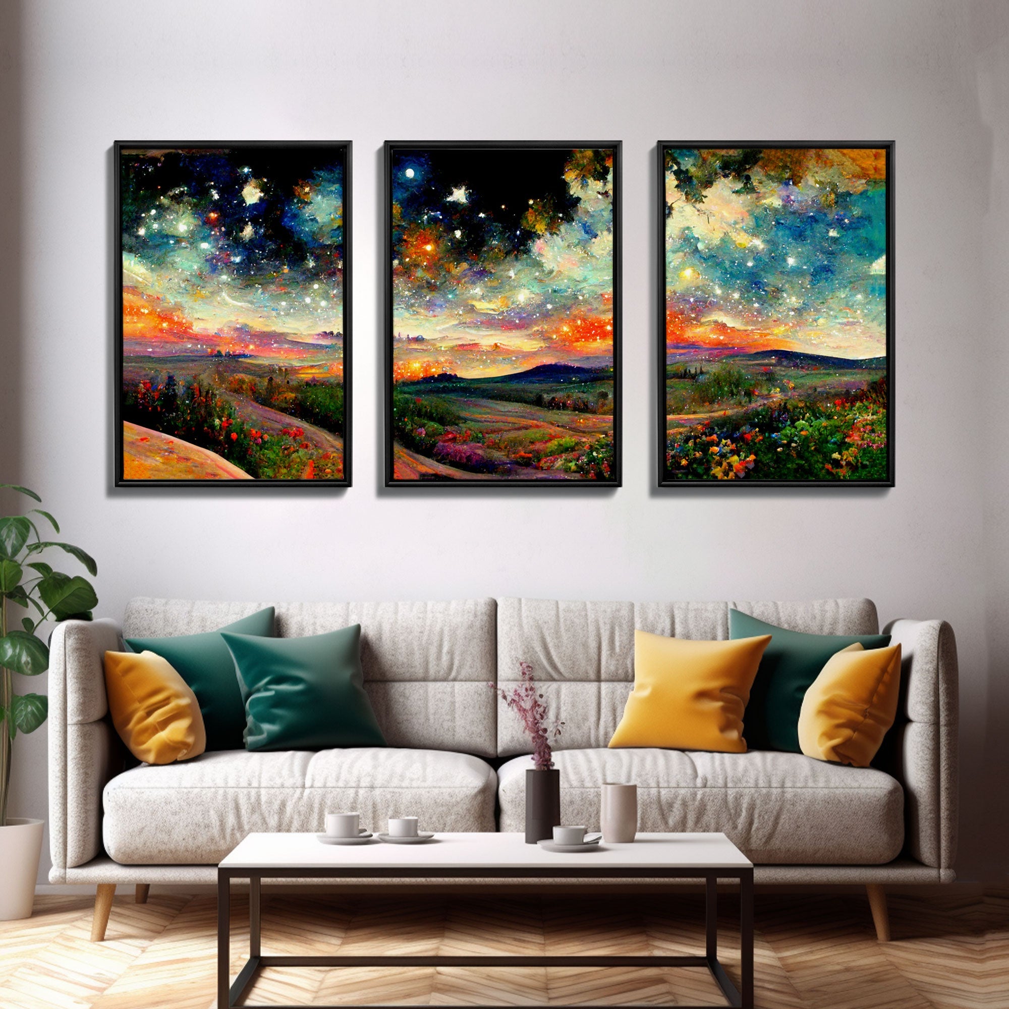 Colorful Night Starry Sky Landscape – 3-Piece Canvas Wall Art | NuevArt