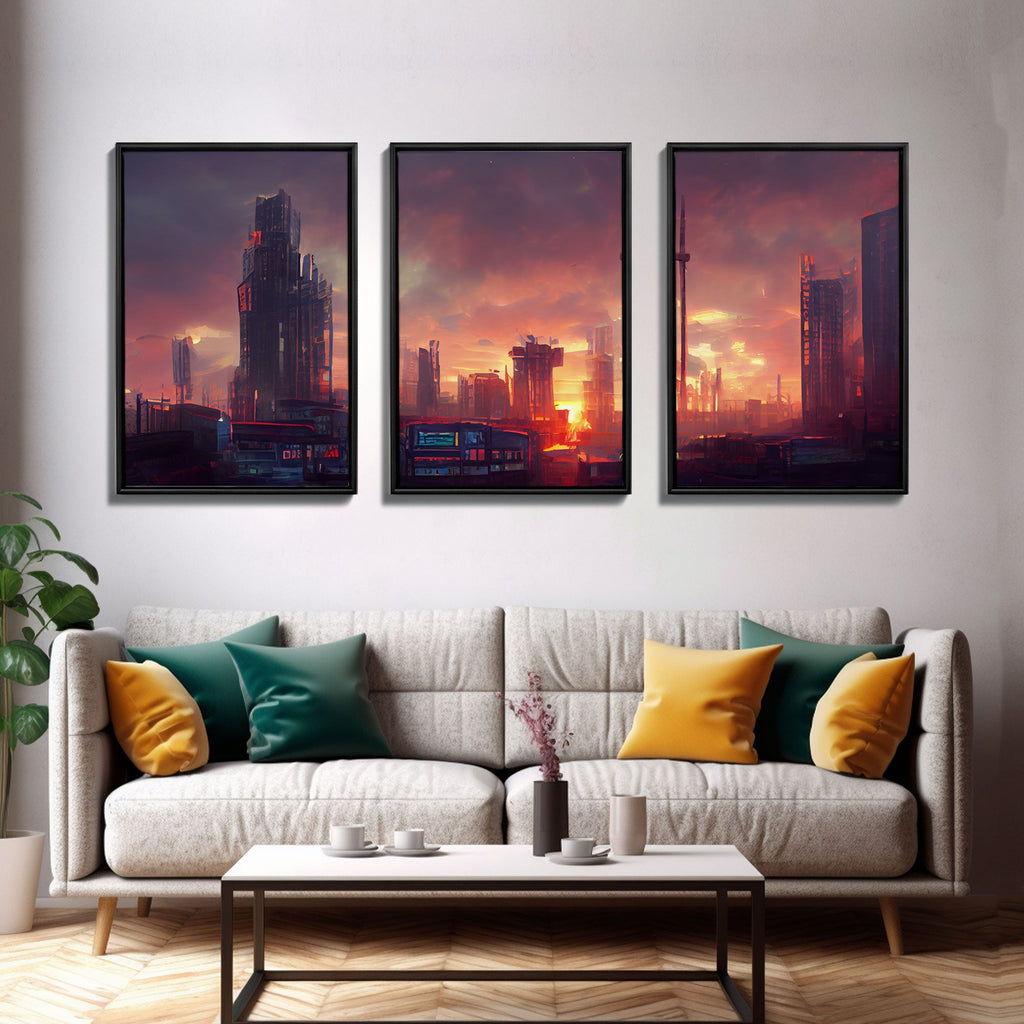 Cyberpunk City Night Watercolor – 3-Piece Canvas Wall Art | NuevArt