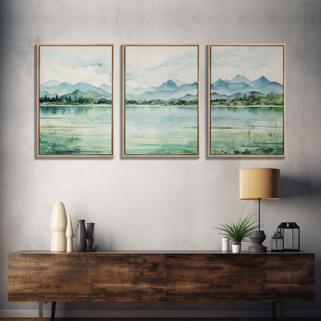 Mint Green Forest Mountain Landscape – 3-Piece Canvas Wall Art | NuevArt