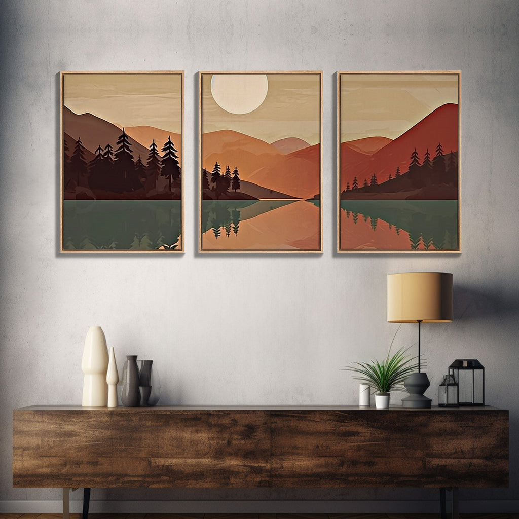 Pacific Northwest Sunset – Boho Forest 3-Panel Canvas Wall Art | NuevArt