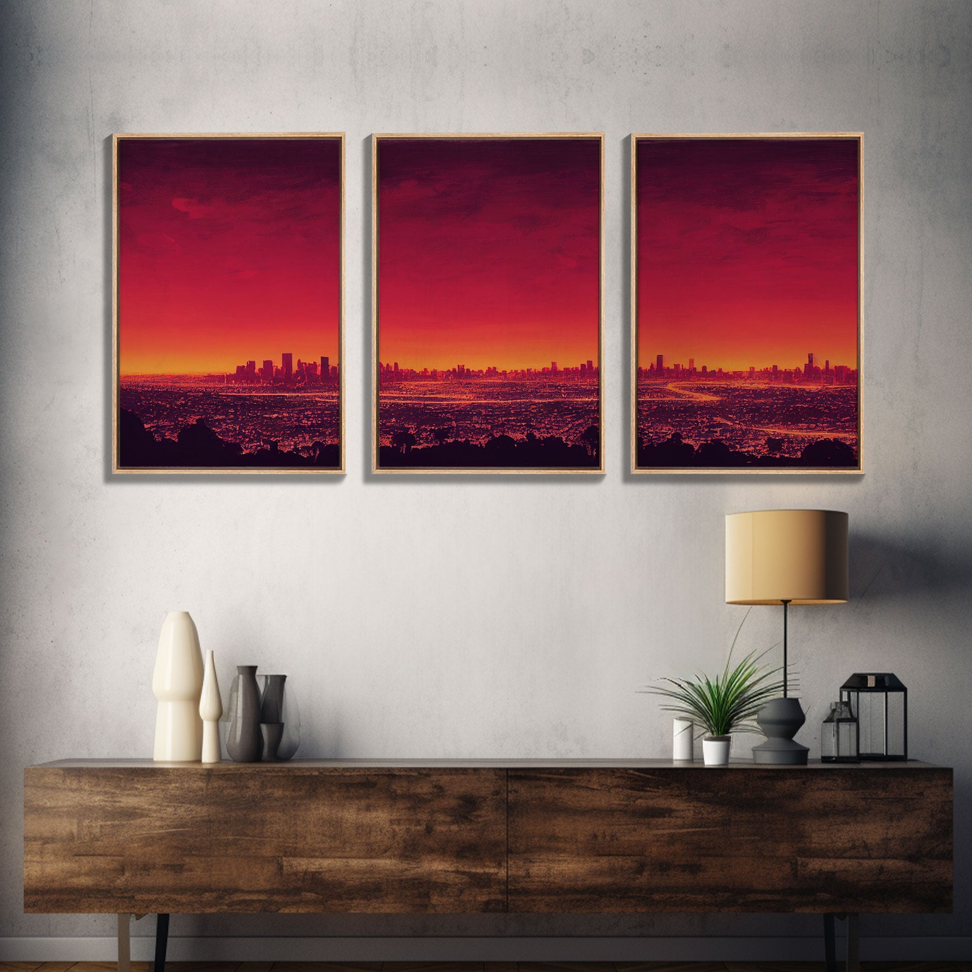 Los Angeles on Fire – Abstract City Skyline 3-Piece Canvas Wall Art | NuevArt