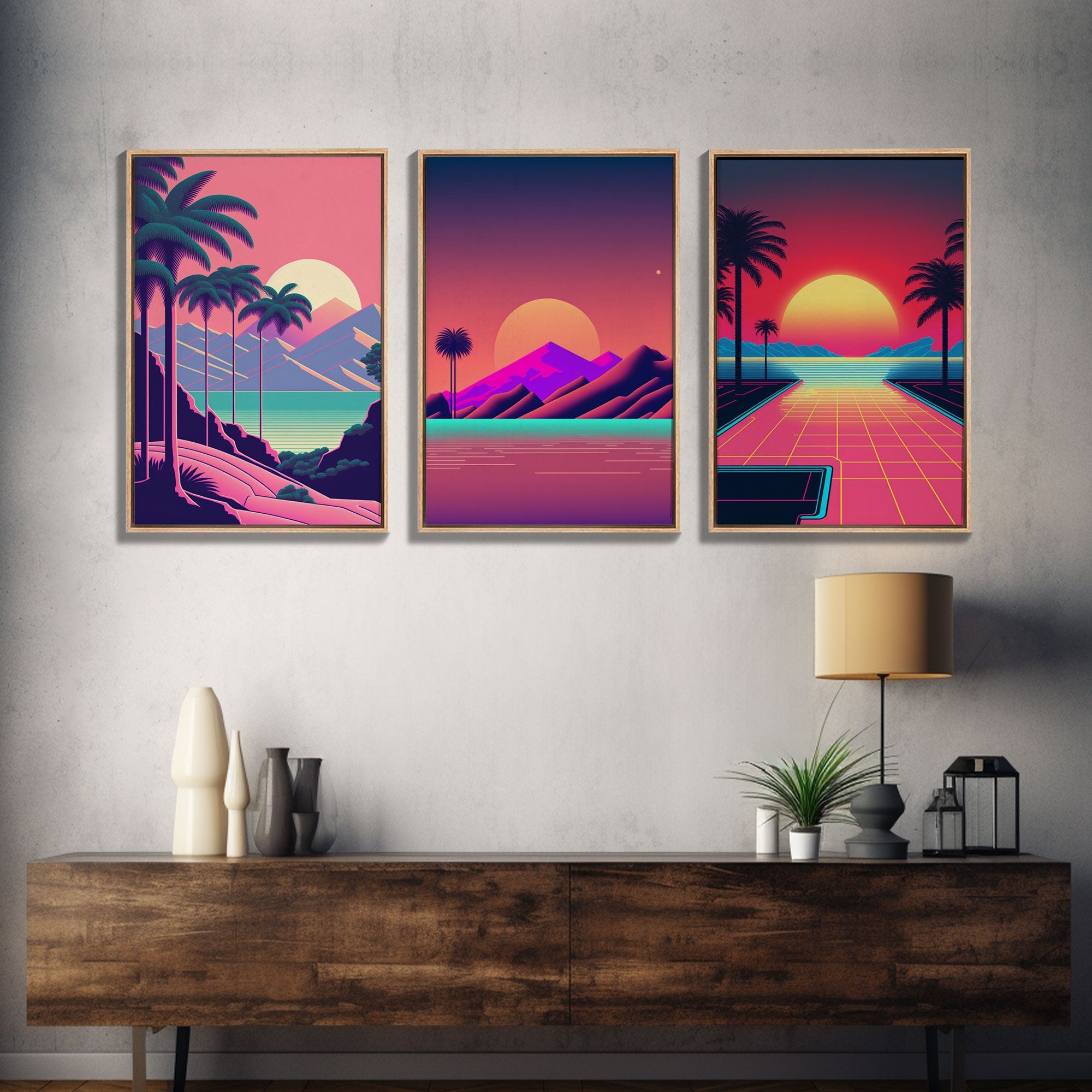Retro 80s Synthwave Vaporwave – 3-Panel Canvas Wall Art | NuevArt