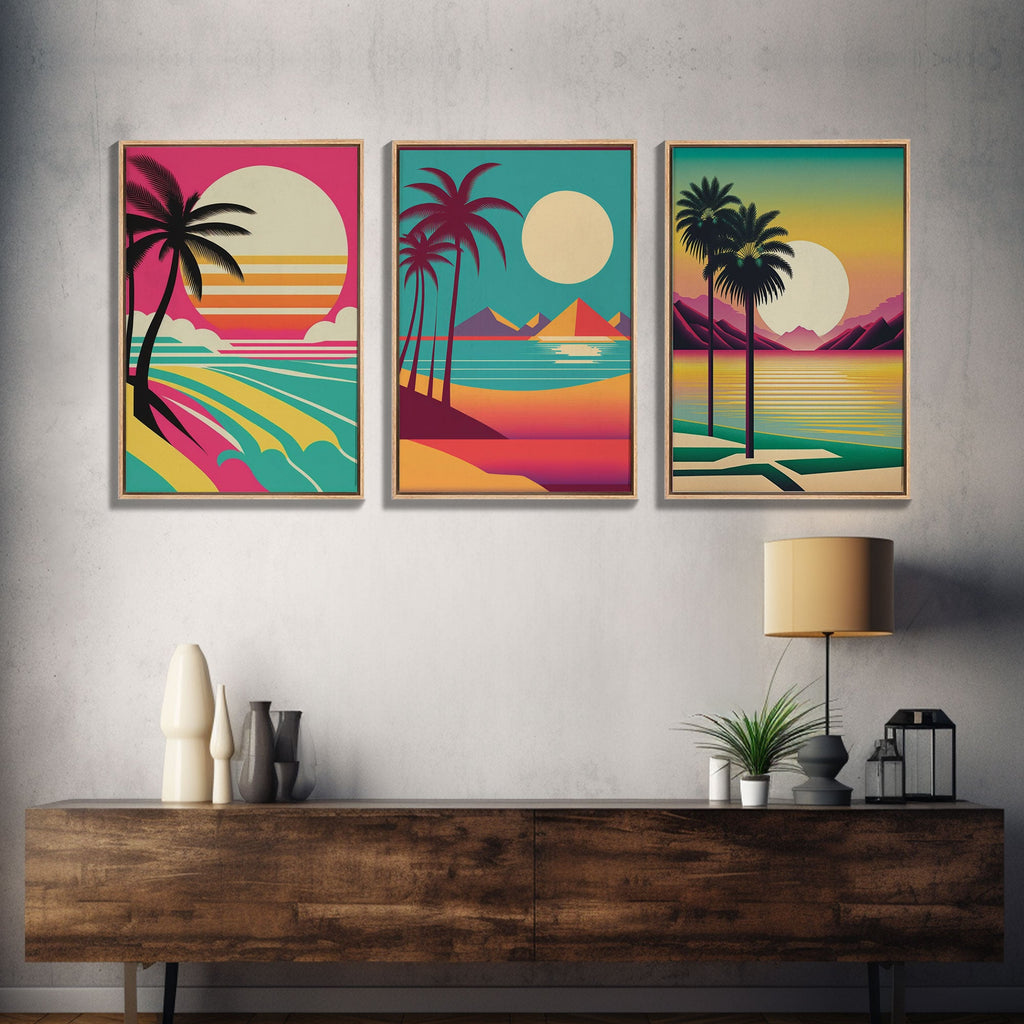 Turquoise Retro Beach Art – Palm Trees & Sunset 3-Panel Canvas | NuevArt