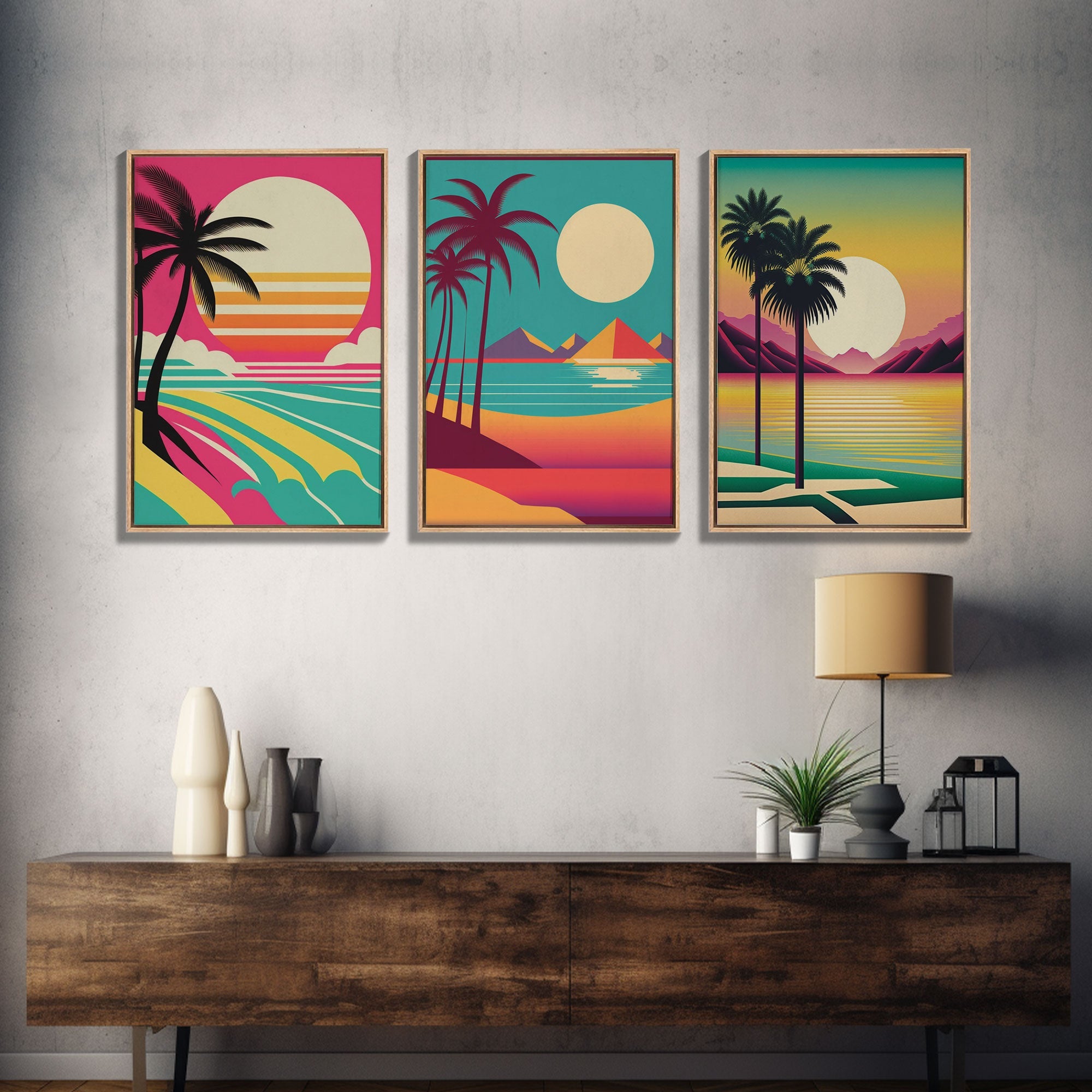 Turquoise Retro Beach Art – Palm Trees & Sunset 3-Panel Canvas | NuevArt