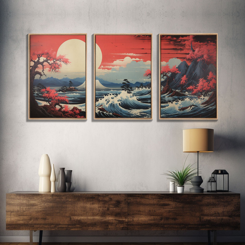 Japanese Ukiyo-e Mountains Sunset – 3-Piece Canvas Wall Art | NuevArt