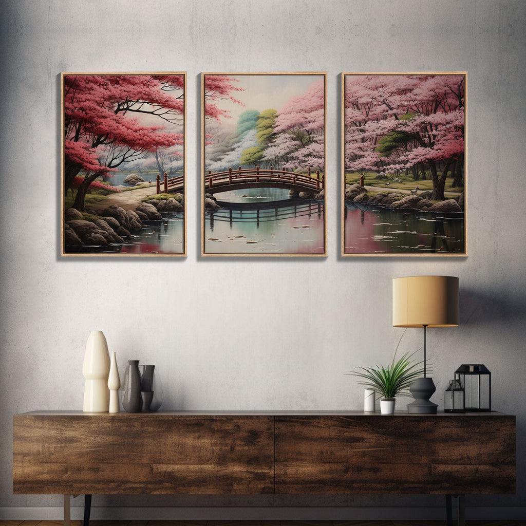 Japanese Cherry Blossom Landscape – 3-Piece Canvas Wall Art | NuevArt