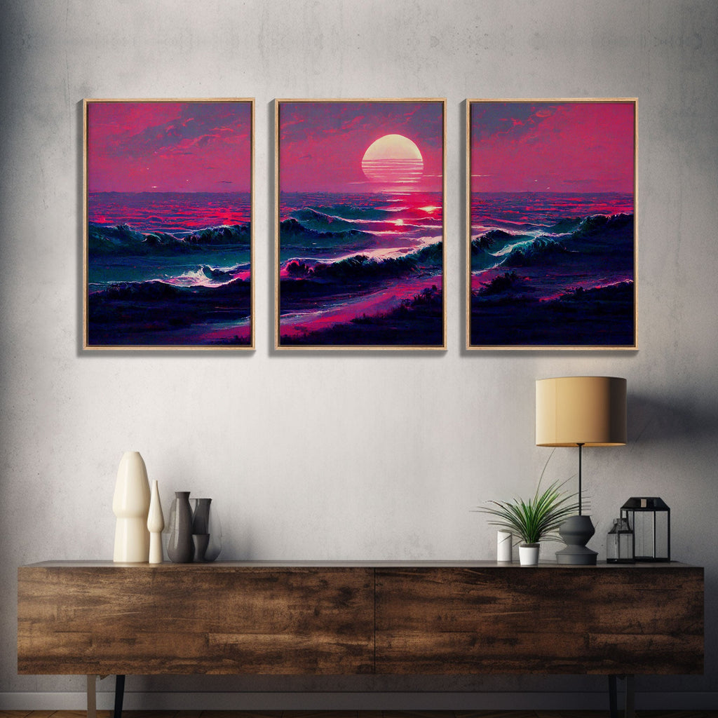 Outrun Synthwave Sunset Ocean Waves – 3-Piece Canvas Wall Art | NuevArt