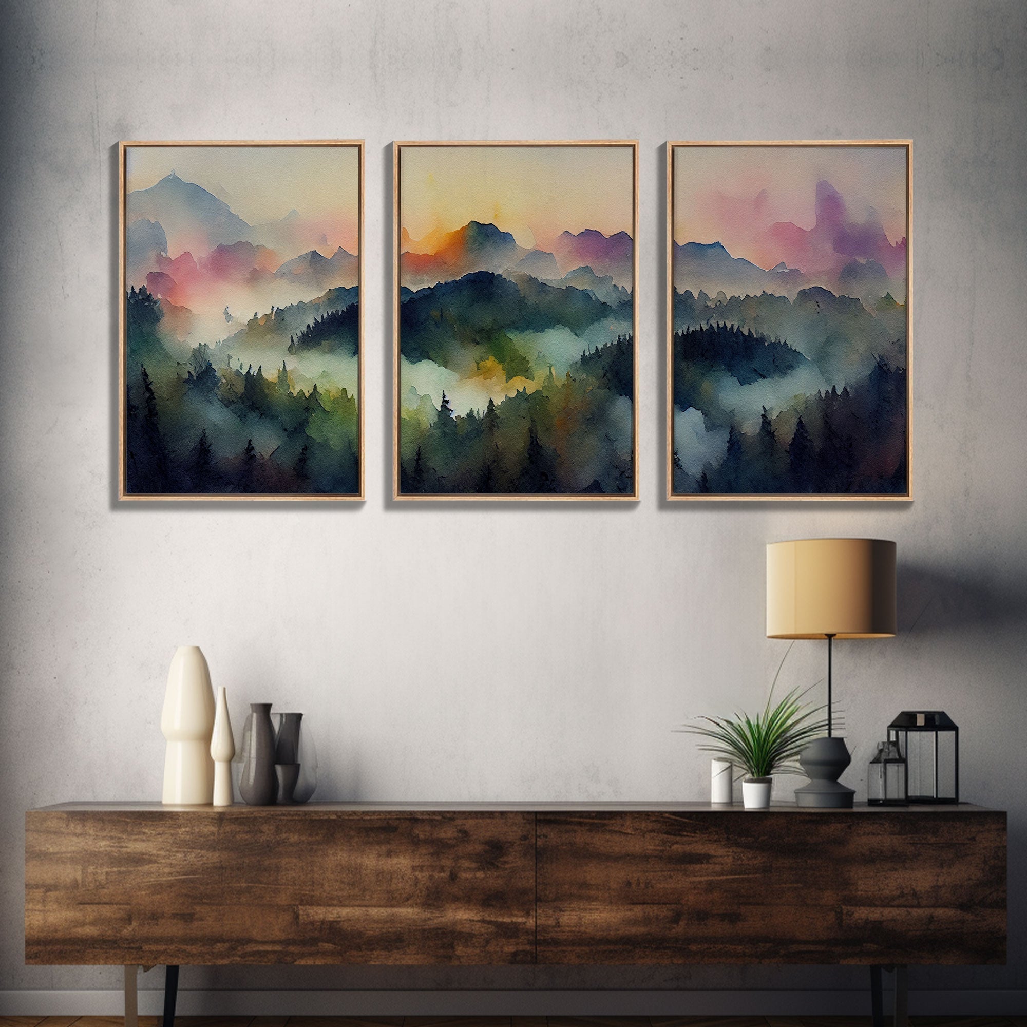 Dramatic Watercolor Sunset Landscape – 3-Piece Canvas Wall Art | NuevArt