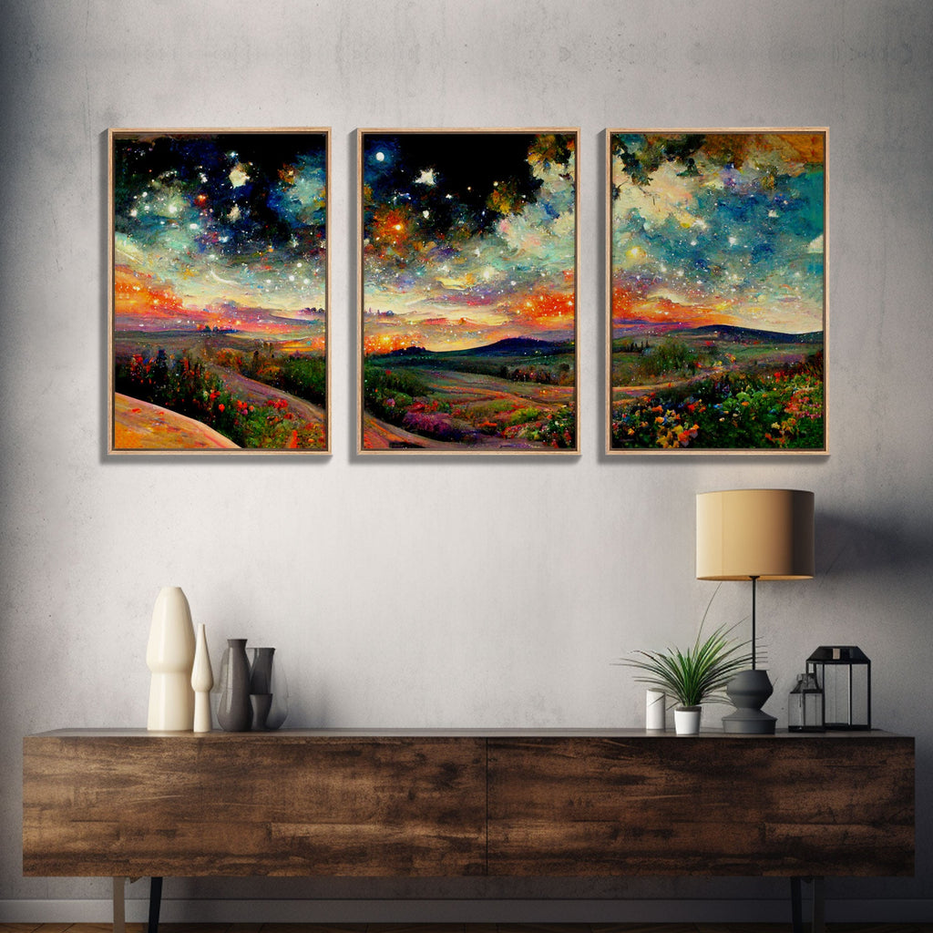 Colorful Night Starry Sky Landscape – 3-Piece Canvas Wall Art | NuevArt