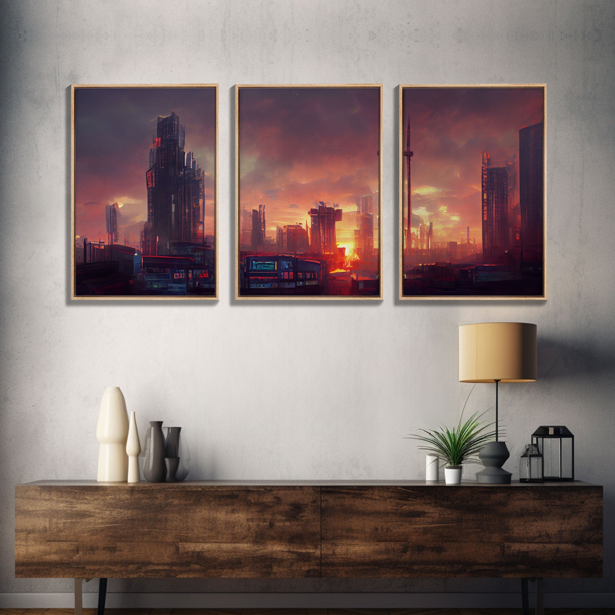Cyberpunk City Night Watercolor – 3-Piece Canvas Wall Art | NuevArt