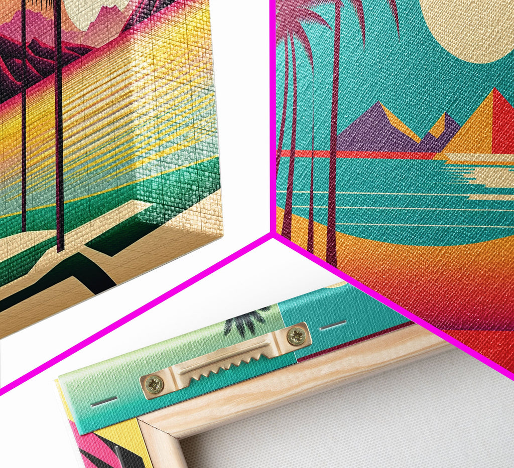 Turquoise Retro Beach Art – Palm Trees & Sunset 3-Panel Canvas | NuevArt