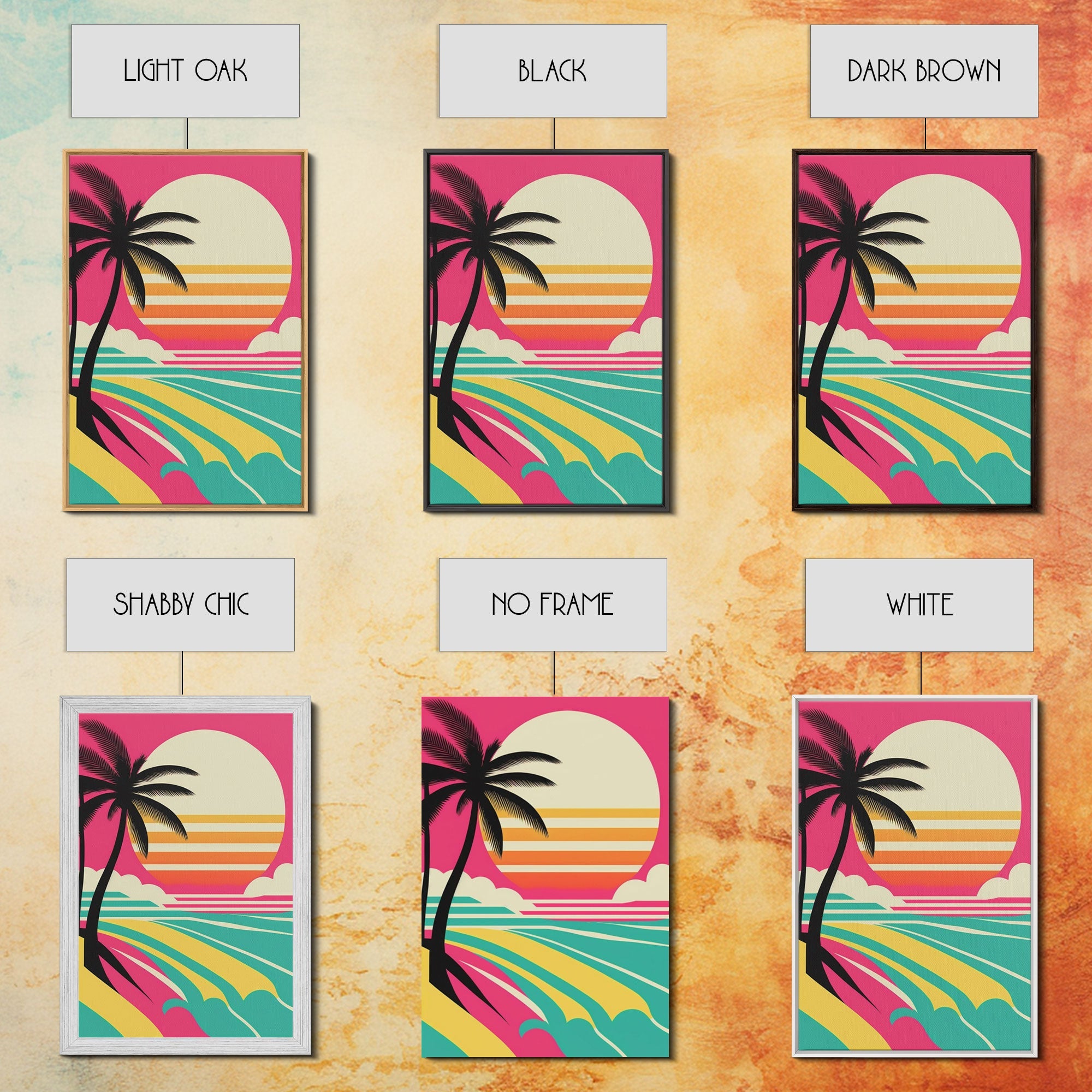 Turquoise Retro Beach Art – Palm Trees & Sunset 3-Panel Canvas | NuevArt