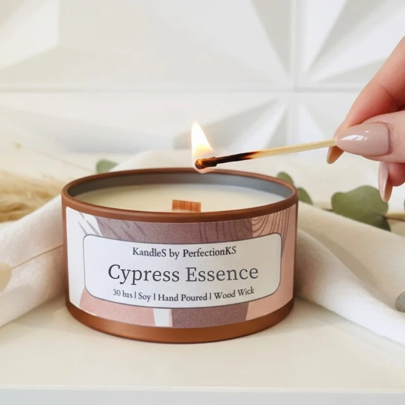 Cypress Essence Luxury Candle | 8oz Non-Toxic Soy Candle with Wooden Wick | Clean Burn